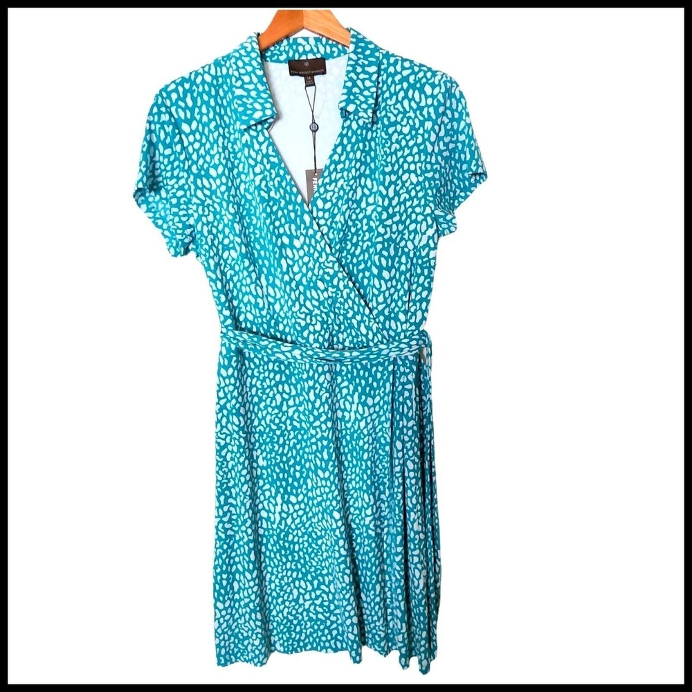 Fenn Wright Manson Knit Faux Wrap Dress Teal Cheetah size 14 NWT